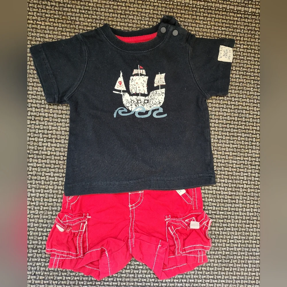 Pumpkin Patch Black Pirate Ship T-Shirt and Red Shorts Set